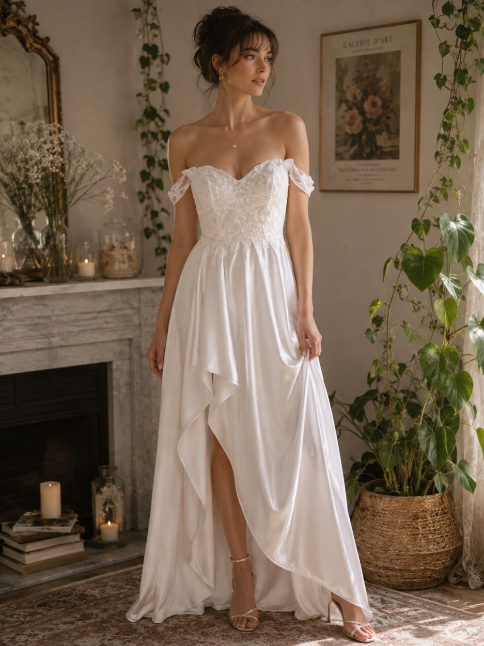 White Satin Sequin Strapless Dress Sz L Formal Floral Asymmetric Prom Wedding